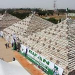 Bags of rice are seen at the launch of rice pyramids in Abuja, Nigeria.